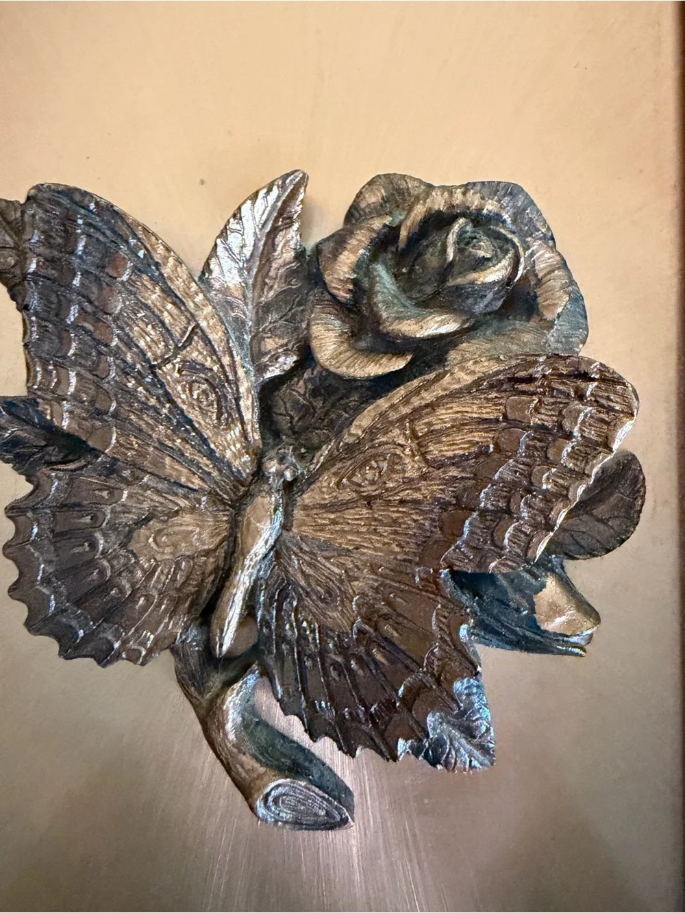 Vintage Mid Century Wood Framed Butterfly & Rose 3D Wall Art Copper Sculpture